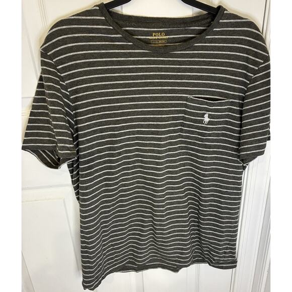 Polo Ralph Lauren Mens L Gray Stripe Pocket Tee Pony Logo Preppy Casual - Picture 2 of 7